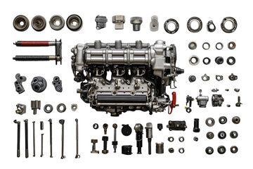 Detailed Exploded View of an Automotive Engine Isolated on transparent Background