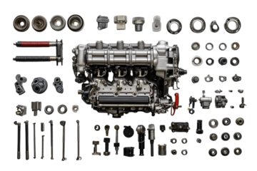 Detailed Exploded View of an Automotive Engine Isolated on transparent Background