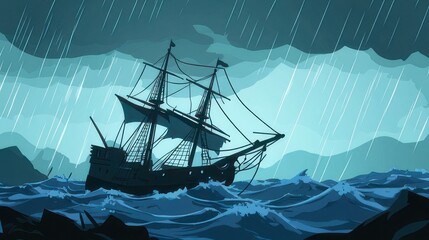 Ship in Stormy Sea: A silhouette of a vintage sailing ship braves the tumultuous waters of a stormy sea,  waves crashing against its hull under a  torrent of rain.