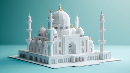 Obraz premium Minimalist Mosque Model on Blue Background, Isometric View