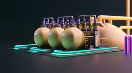 A futuristic setup featuring four large spherical tanks connected to pipes, illuminated by neon lights against a dark background.