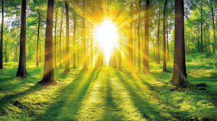 Naklejka premium Sunbeams Illuminating Tranquil Forest Path, Serene Woodland Scene with Golden Sunlight