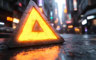 Glowing triangle symbol on rain-slick city street.