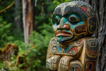 Obraz premium Weathered and painted totem pole is standing in a forest, showing the craftsmanship of indigenous people