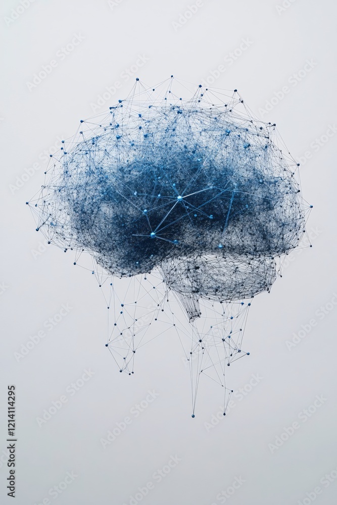 Poster abstract brain structure with blue nodes and lines on a light gray background digital art
