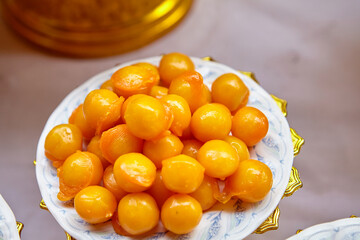Close-up of Med Khanun Thai dessert on dish