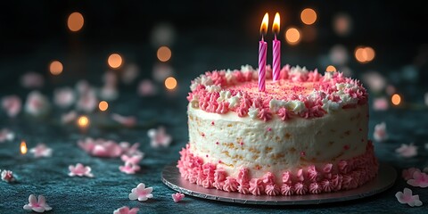 Delicious two-candle birthday cake with pink frosting.
