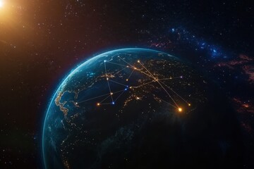 Obraz premium Global network connections at night, space backdrop, sunrise