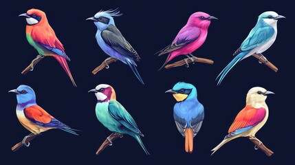 Naklejka premium Collection of Birds Featuring Lilac-Breasted Roller and Bullfinch in Vivid Detail for Naturalist and Ornithology Enthusiasts