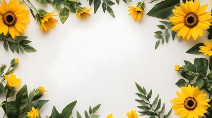 Obraz premium Yellow Sunflowers and Green Leaves Frame a White Background