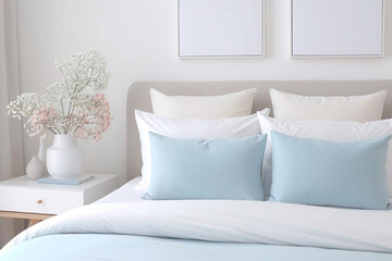 Modern white bedroom interior design with pastel colored accents, minimal style