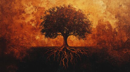 Rooted in Strength: A lone, powerful tree stands tall against a backdrop of fiery orange and gold, its intricate roots sprawling across the earth, symbolizing resilience and unwavering strength.