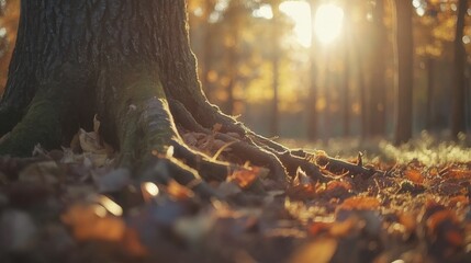 Autumnal Embrace:  Close-up view of exposed tree roots amidst a carpet of fallen autumn leaves, bathed in the warm golden light of the setting sun.
