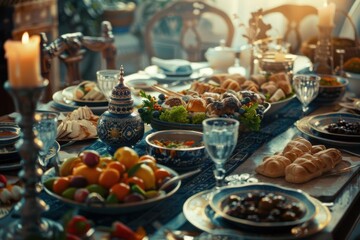 Naklejka premium Eid al-Fitr holiday table. Ramadan family dinner. Breaking Fast, iftar. Arabic Middle Eastern traditional cuisine