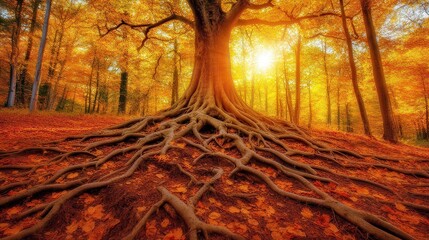 Autumnal Majesty: A majestic tree with exposed roots dominates the scene, bathed in the warm, golden light of the setting sun amidst a breathtaking autumnal forest.