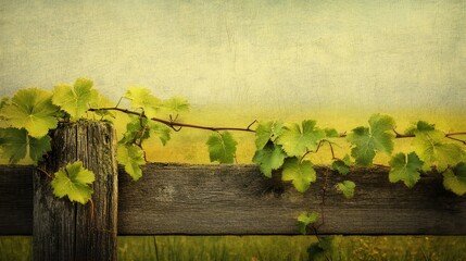 Vine-Covered Fence:  A rustic wooden fence is draped with lush green grapevines, creating a tranquil and nostalgic scene. The vine's tendrils intertwine with the weathered wood.