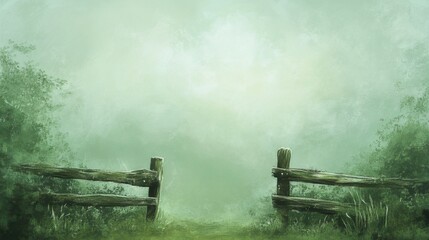 Misty Meadow Path: An old wooden split-rail fence opens to a path disappearing into a mysterious, fog-laden meadow, creating a serene and slightly eerie atmosphere.