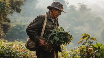 The Farmer's Burden: An elderly farmer carries a basket of fresh picked crops through a misty forest, showcasing the dedication and hard work that goes into providing sustenance.