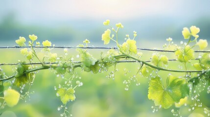 Vine Tendrils After the Rain: Delicate green vine tendrils with tiny white flowers cling to a wire fence, glistening with raindrops, set against a soft, blurry background of vibrant yellow blossoms.