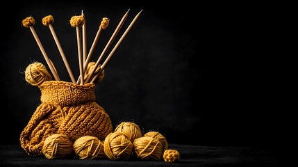 Golden yarn balls and knitting needles in cozy sweater pot, dark background, craft hobby
