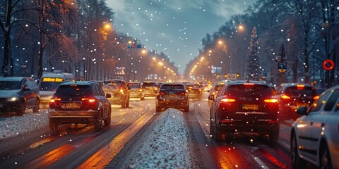 Snowy City Street with Cars