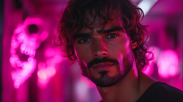 Intense man portrait, pink neon lights.