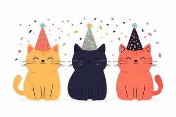 cat wearing a birthday party hat, with confetti. cute flat illustration. birthday card, greeting card.