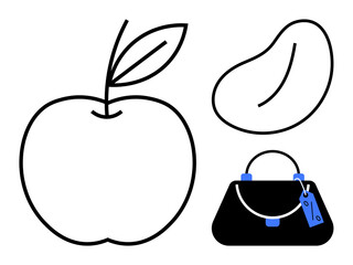 Outline of apple with leaf, mango, and handbag with blue details. Ideal for simplicity, minimalism, food, fashion, lifestyle modern design abstract concepts. Bold lines highlight objects abstract