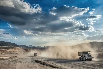 Heavy Trucks Haul Dirt Under Cloudy Skies