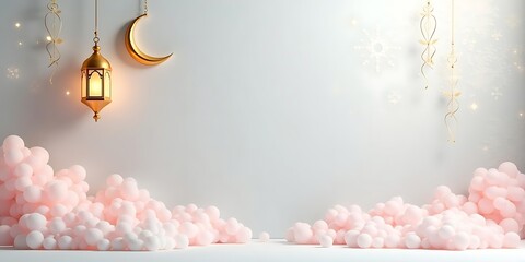 Elegant Ramadan Background with Pink Balloons Lantern and Moon
