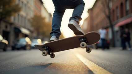 Fototapeta premium Skateboarder catches air on urban street at sunset with vibrant city background