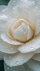 Close-up of a White Camellia Flower with Water Droplets, Soft Focus and Detailed Petals