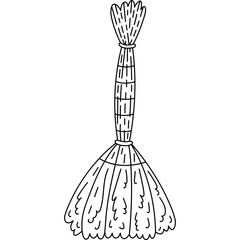 Cute outline broom to sweep dust from floor and carpet. Hand drawn sweeping brush to dry cleanse of apartment. Funny doodle of tool for maintenance clean home isolated on white background.