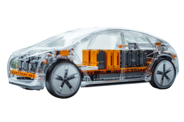 Transparent Electric Vehicle Cutaway Showing Battery and Components Isolated on transparent Background