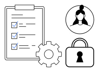 Checklist with three checked items, user avatar, gear, and lock. Ideal for data privacy, cybersecurity, identity protection, secure settings information management process workflow. Line metaphor