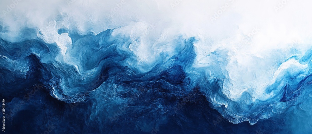Poster abstract blue and white fluid art with dynamic swirling patterns and textured brushstrokes