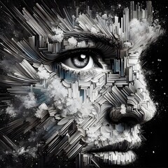Naklejka premium This monochromatic surreal abstract style artwork depicts a face constructed from textured, fragmented vertical strokes, with a striking, detailed eye. The grayscale palette adds depth.