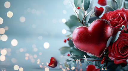 Romantic gesture with red roses and heart indoor setting floral arrangement soft lighting love concept