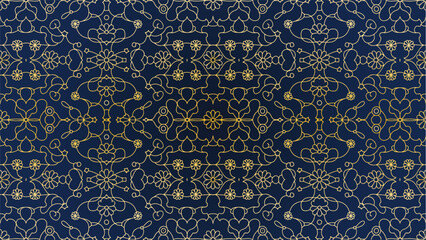 Elegant navy blue and gold floral pattern design,   pattern featuring intricate gold floral designs on a deep navy blue background