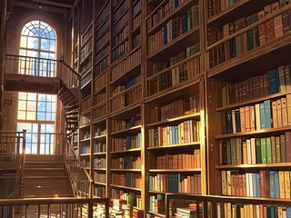 An elegant spiral staircase winds through a grand library filled with tall wooden bookshelves packed with colorful books. Warm lighting casts a cozy glow, creating an atmosphere of quiet study and tim