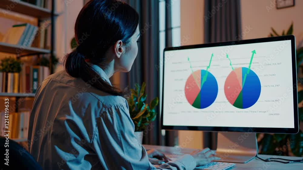 Poster analyzing stock market trends from home office at night with charts and data visualization