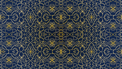 Elegant navy blue and gold floral pattern design,   pattern featuring intricate gold floral designs on a deep navy blue background