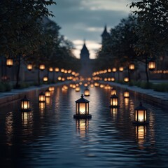 Naklejka premium Peaceful evening scene with lanterns on a serene waterway.