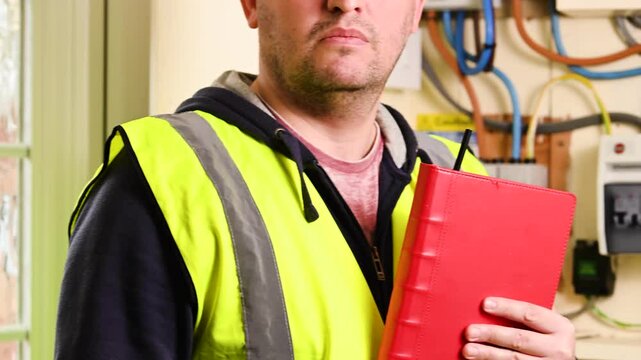 Engineer in front of electricity meter indoors with a red notebook. Increasing the electricity bills