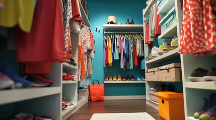 Fototapeta premium Organized walk-in closet with colorful clothes, shoes, and accessories.