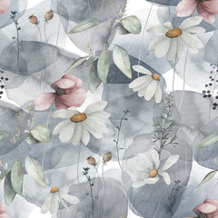 Abstract nordic print with daisy, poppy, geometric shapes on white background. Watercolor seamless pattern. Hand drawn marble illustration. Mixed media art