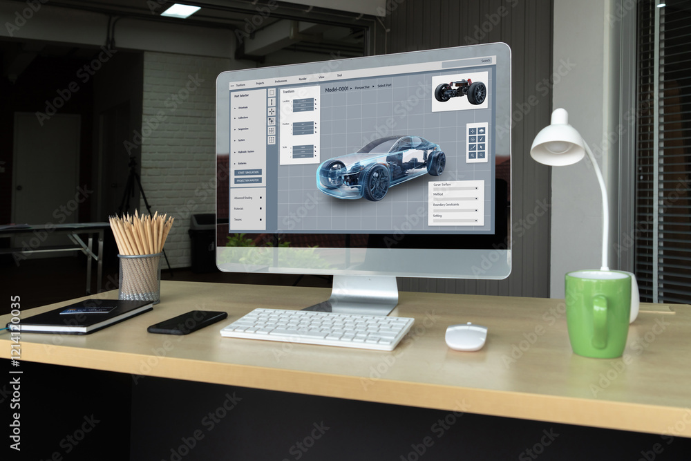 Poster electric car design software on computer screen showing simulation blueprint snugly by digital calcu