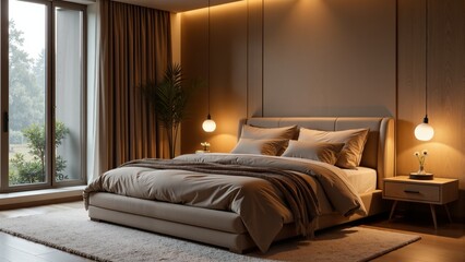 Serenity in a modern bedroom with soft textures and warm lighting creating a cozy retreat