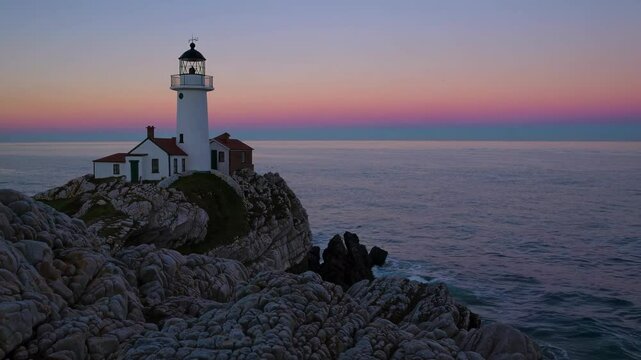 Lighthouse illuminates rocky coast during sunset along the serene ocean