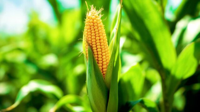 Close-Up of a Single Ear of Corn in a Lush Green Field